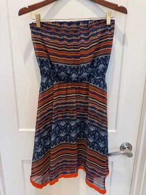 Maeve Strapless Asymmetrical Dress in Navy and Orange